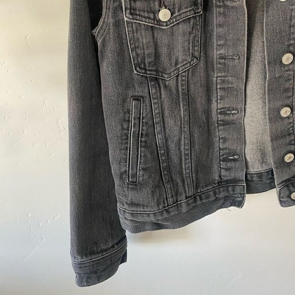 Black Jean Denim Fitted Casual Warm Summer Sherpa Jacket - Picture 4 of 8